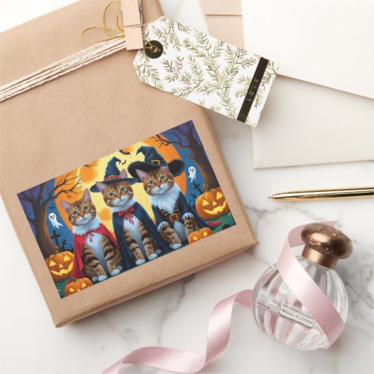 Sticker Rectangulaire Bengal Chats Citrouille Halloween drôle (Cadeaux)