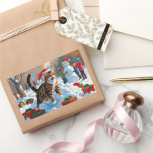 Sticker Rectangulaire Bengale Chat Noël Festive Scène de neige