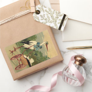 Sticker Rectangulaire Berceau et Cigogne de style victorien vintage