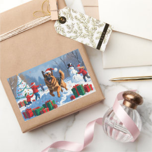 Sticker Rectangulaire Berger allemand courant dans la neige avec Casquet