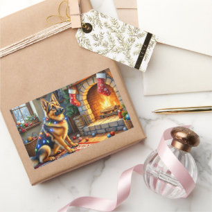 Sticker Rectangulaire Berger belge Cheminée avec lumières de Noël