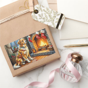 Sticker Rectangulaire Berger d'Anatolie Cheminée avec Lumières de Noël