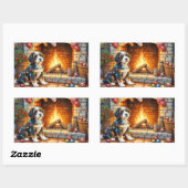 Sticker Rectangulaire Bernedoodle Cheminée avec Lumières de Noël (Feuille)
