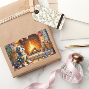 Sticker Rectangulaire Bernedoodle Cheminée avec Lumières de Noël