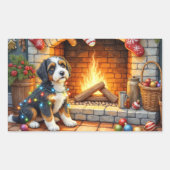 Sticker Rectangulaire Bernedoodle Cheminée avec Lumières de Noël (Devant)