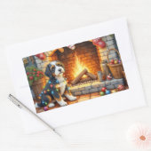 Sticker Rectangulaire Bernedoodle Cheminée avec Lumières de Noël (Enveloppe)