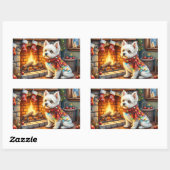 Sticker Rectangulaire Bichon Frise Fireplace with Christmas Lights (Feuille)