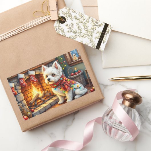Sticker Rectangulaire Bichon Frise Fireplace with Christmas Lights (Cadeaux)