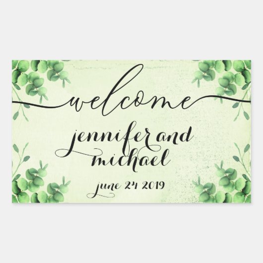 Sticker Rectangulaire Bienvenue Calligraphie Eucalyptus Botanique Vert (Devant)