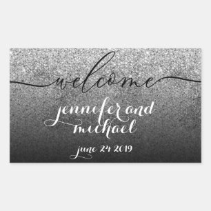 Sticker Rectangulaire Bienvenue Calligraphie Paillettes Argent