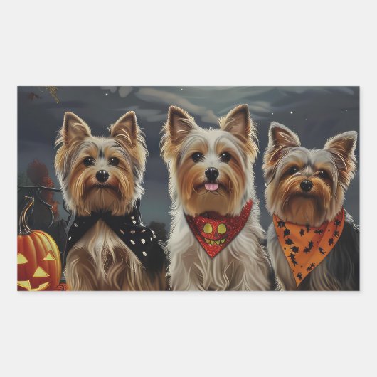 Sticker Rectangulaire Biewer Terrier Halloween Éffrayant (Devant)