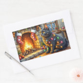 Sticker Rectangulaire Black Cat Sitting Fireplace with Christmas Lights (Enveloppe)