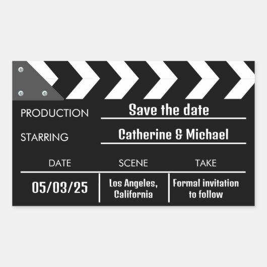 Sticker Rectangulaire Black Movie Clapboard Mariage Enregistrer La Date (Devant)