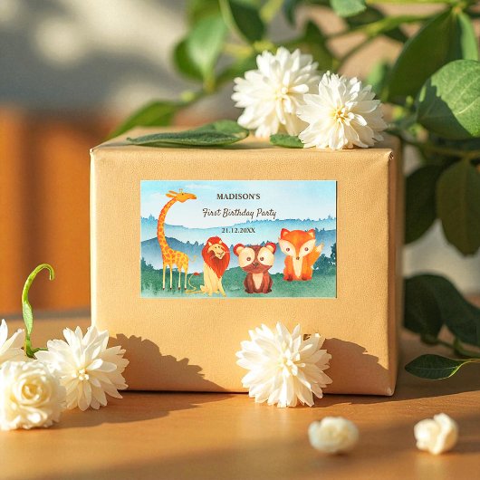 Sticker Rectangulaire Bleu Vert Anniversaire Bois Animaux