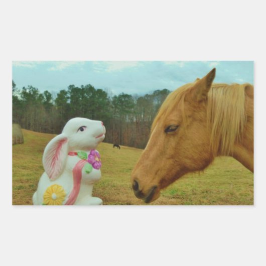 Sticker Rectangulaire Blond Jaune cheval & Bunny de Pâques (Devant)