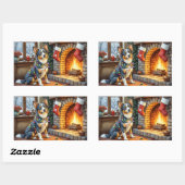 Sticker Rectangulaire Blue Heeler Fireplace with Christmas Lights (Feuille)