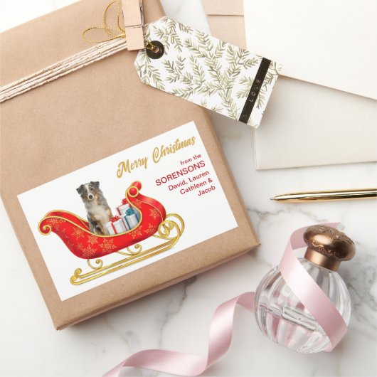 Sticker Rectangulaire Blue Merle Australian Shepherd Christmas Sleigh (Cadeaux)