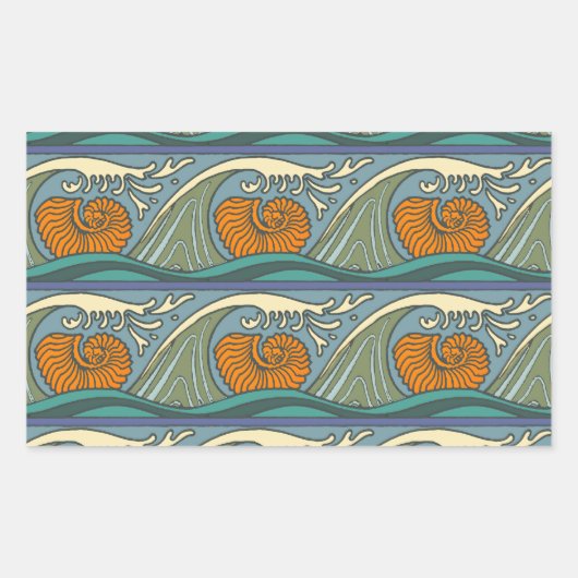 Sticker Rectangulaire Blue Ocean Waves Nautilus Seashell Motif Nouveau (Devant)