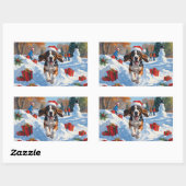 Sticker Rectangulaire Bluetick Coonhound Courir dans la neige avec Noël (Feuille)