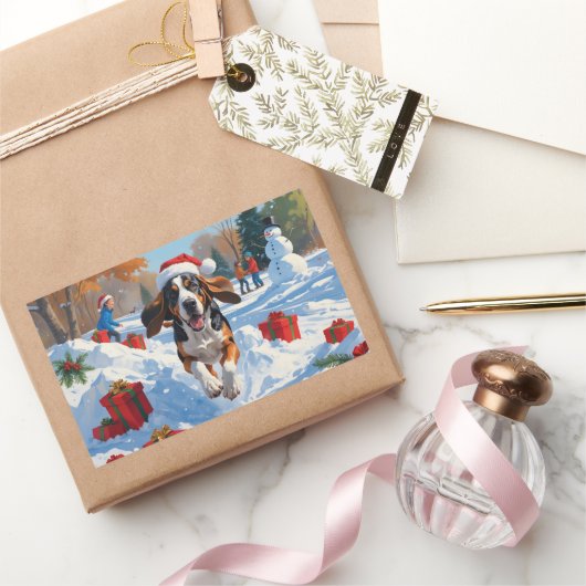 Sticker Rectangulaire Bluetick Coonhound Courir dans la neige avec Noël (Cadeaux)
