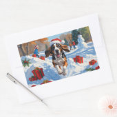 Sticker Rectangulaire Bluetick Coonhound Courir dans la neige avec Noël (Enveloppe)
