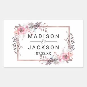 Sticker Rectangulaire Blush & Rose Gold Cadre Floral Monogramme de Maria