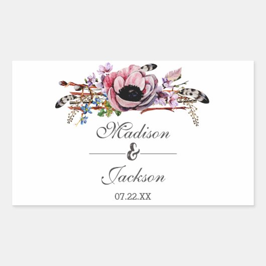 Sticker Rectangulaire Boho Chic Blush Rose Floral Mariage Monogramme (Devant)