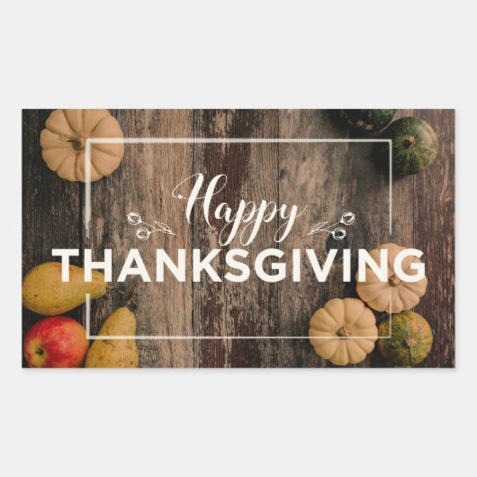 Sticker Rectangulaire Bon thanksgiving Gourds sur bois rustique (Devant)