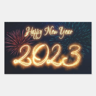 Sticker Rectangulaire Bonne année 2023 scintillante avec feux d'artifice