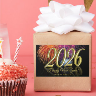 Sticker Rectangulaire Bonne année 2026 Or Feux d'artifice Colorés Grands