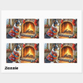 Sticker Rectangulaire Border Collie Fireplace with Christmas Lights (Feuille)