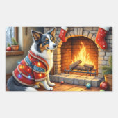 Sticker Rectangulaire Border Collie Fireplace with Christmas Lights (Devant)