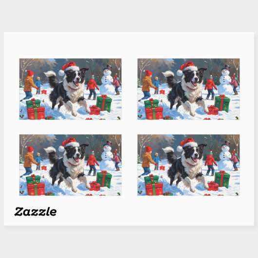 Sticker Rectangulaire Bordure Collie Noël Festive Scène de neige (Feuille)