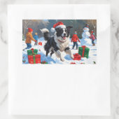 Sticker Rectangulaire Bordure Collie Noël Festive Scène de neige (Sac)