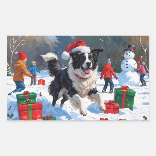 Sticker Rectangulaire Bordure Collie Noël Festive Scène de neige (Devant)