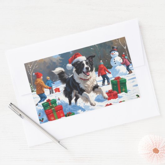 Sticker Rectangulaire Bordure Collie Noël Festive Scène de neige (Enveloppe)