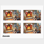 Sticker Rectangulaire Boston Terrier Fireplace with Christmas Lights (Feuille)