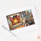 Sticker Rectangulaire Boston Terrier Fireplace with Christmas Lights (Enveloppe)