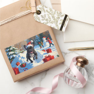 Sticker Rectangulaire Bouledogue français noir scène festive de Noël enn