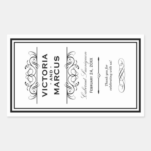 Sticker Rectangulaire Bouteille de vin Mariage noir et blanc Monogramme  (Devant)