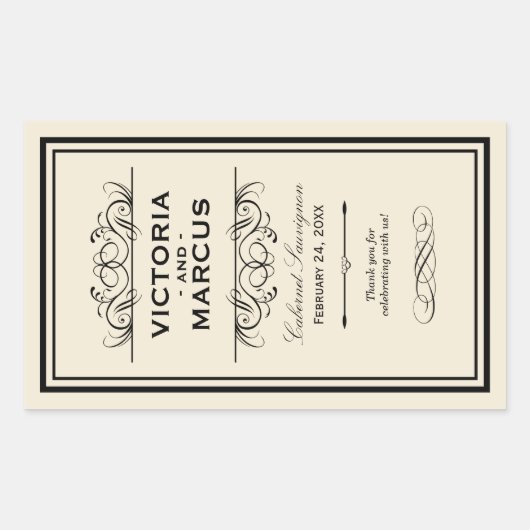 Sticker Rectangulaire Bouteille de vin Mariage noir et ivoire Monogramme (Devant)