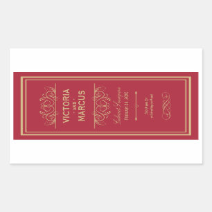 Sticker Rectangulaire Bouteille de vin Mariage rouge et or Monogramme Fa