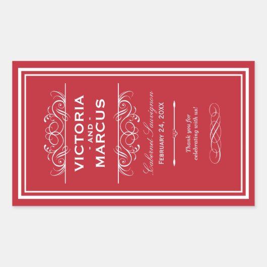 Sticker Rectangulaire Bouteille de vin Mariage rouge Monogramme Favorise (Devant)
