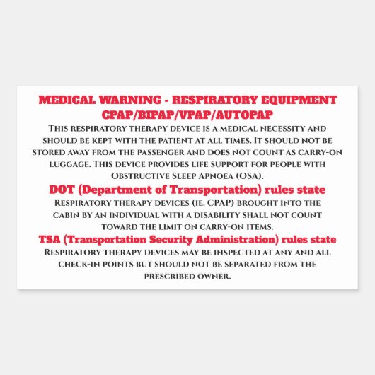 Sticker Rectangulaire Bouton d'avertissement de l'apnée de sommeil du PP (Devant)