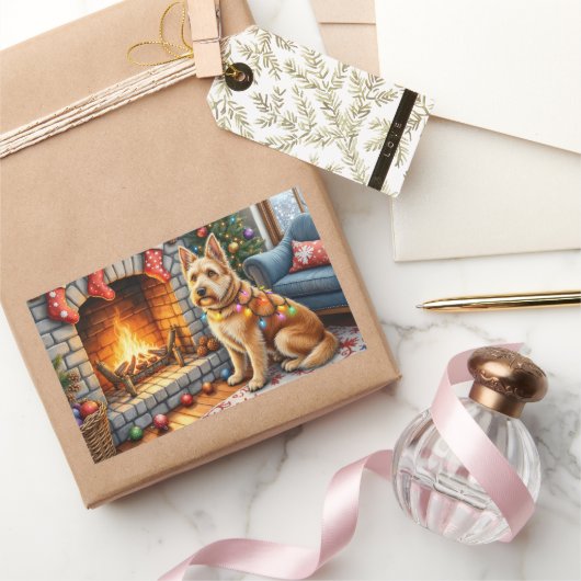 Sticker Rectangulaire Bouviers des Flandres Fireplace Christmas Lights (Cadeaux)