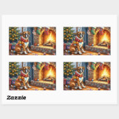 Sticker Rectangulaire Boxer Sitting by Fireplace with Christmas Lights (Feuille)