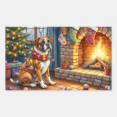 Sticker Rectangulaire Boxer Sitting by Fireplace with Christmas Lights (Devant)