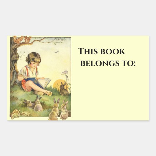 Sticker Rectangulaire Boy reading under tree with rabbits (Devant)