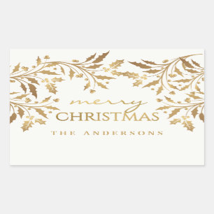 Sticker Rectangulaire Branches de houx de miroitement d'or de Joyeux