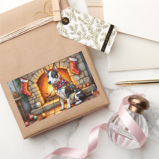 Sticker Rectangulaire Bull Terrier Fireplace with Christmas Lights (Cadeaux)
